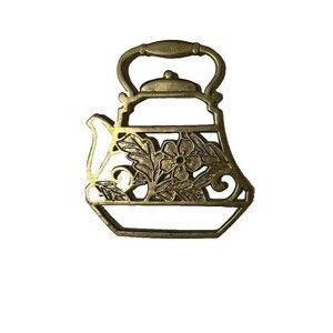 Vntg Crowning Touch Brass Tea Kettle Center Floral Design Trivet Cottagecore